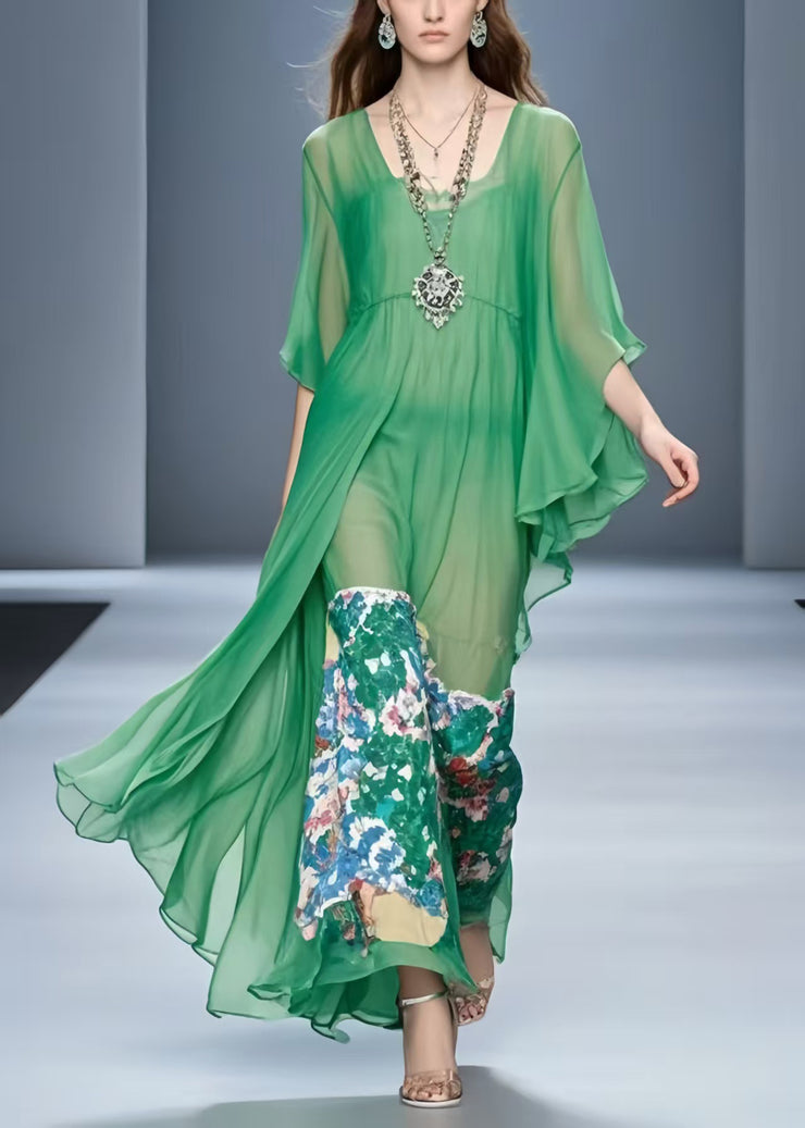 Natural Grass Green Print Chiffon Long Dress Flare Sleeve