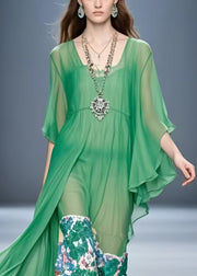 Natural Grass Green Print Chiffon Long Dress Flare Sleeve