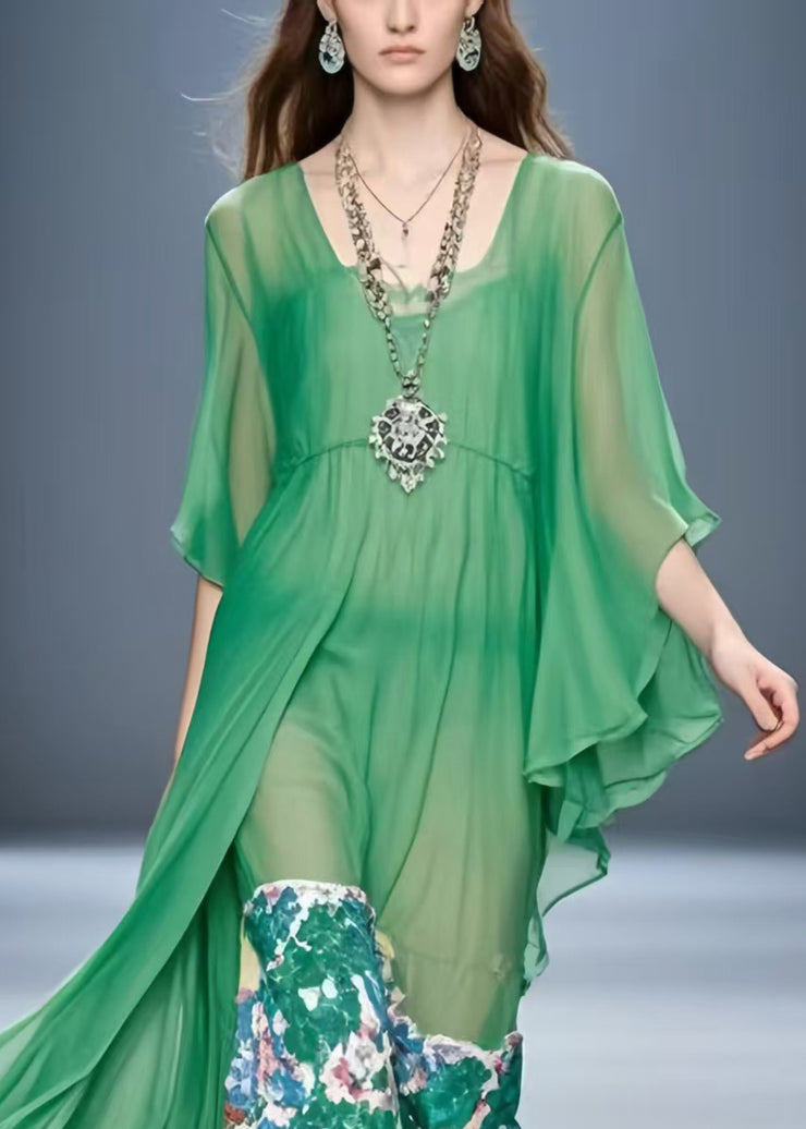 Natural Grass Green Print Chiffon Long Dress Flare Sleeve