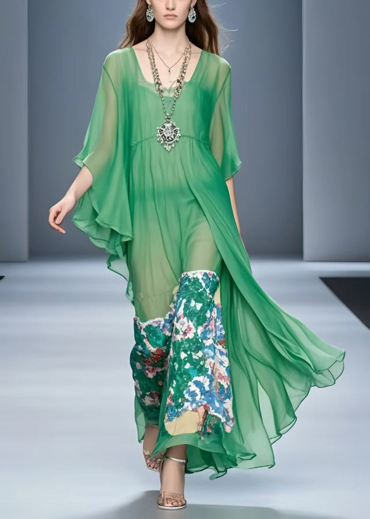 Natural Grass Green Print Chiffon Long Dress Flare Sleeve