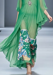 Natural Grass Green Print Chiffon Long Dress Flare Sleeve