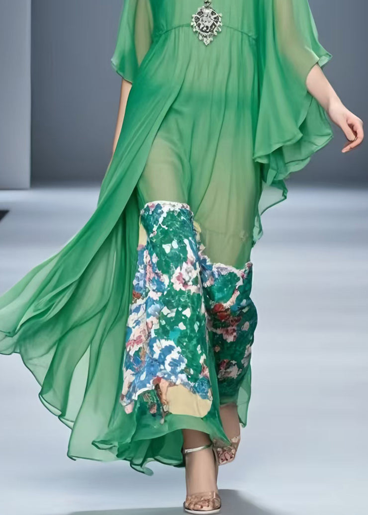 Natural Grass Green Print Chiffon Long Dress Flare Sleeve