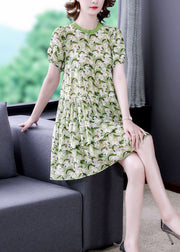 Natural Green O-Neck Cinched Print Dress Short Sleeve