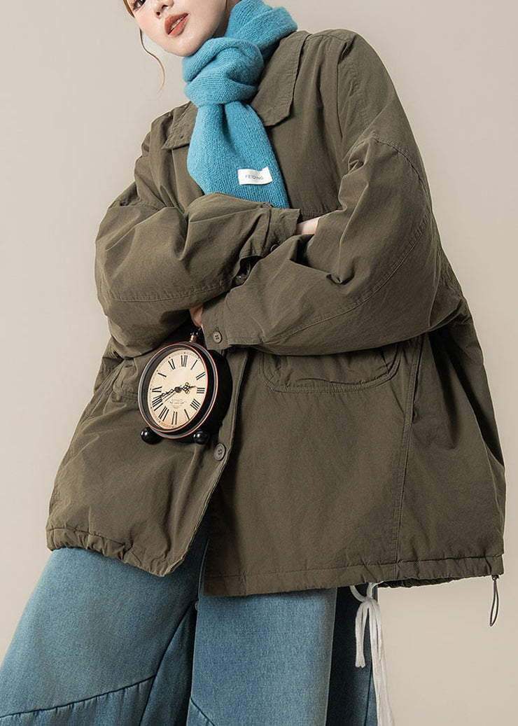 Natural Green Peter Pan Collar Drawstring Button Parka Winter