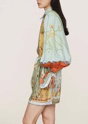 Natural Green Print Two Pieces Set Shirts And Skirts Lantern Sleeve