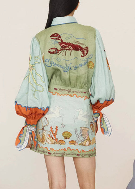 Natural Green Print Two Pieces Set Shirts And Skirts Lantern Sleeve