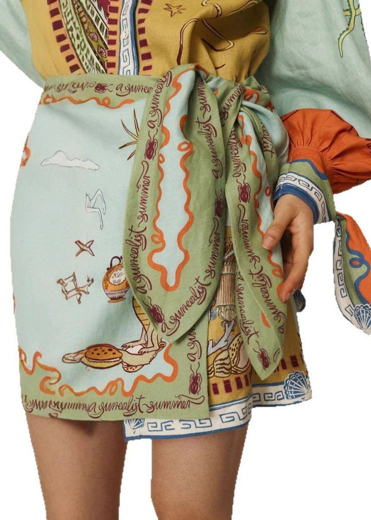 Natural Green Print Two Pieces Set Shirts And Skirts Lantern Sleeve