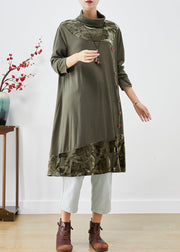 Natural Green Turtle Neck Patchwork Jacquard Silk Velour Dresses Fall