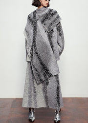 Natural Grey Button Cotton Knit Scarf,Cardigans And Maxi SkirtsThree Pieces Set Winter