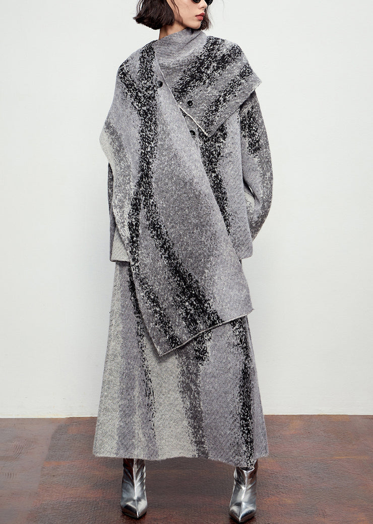 Natural Grey Button Cotton Knit Scarf,Cardigans And Maxi SkirtsThree Pieces Set Winter
