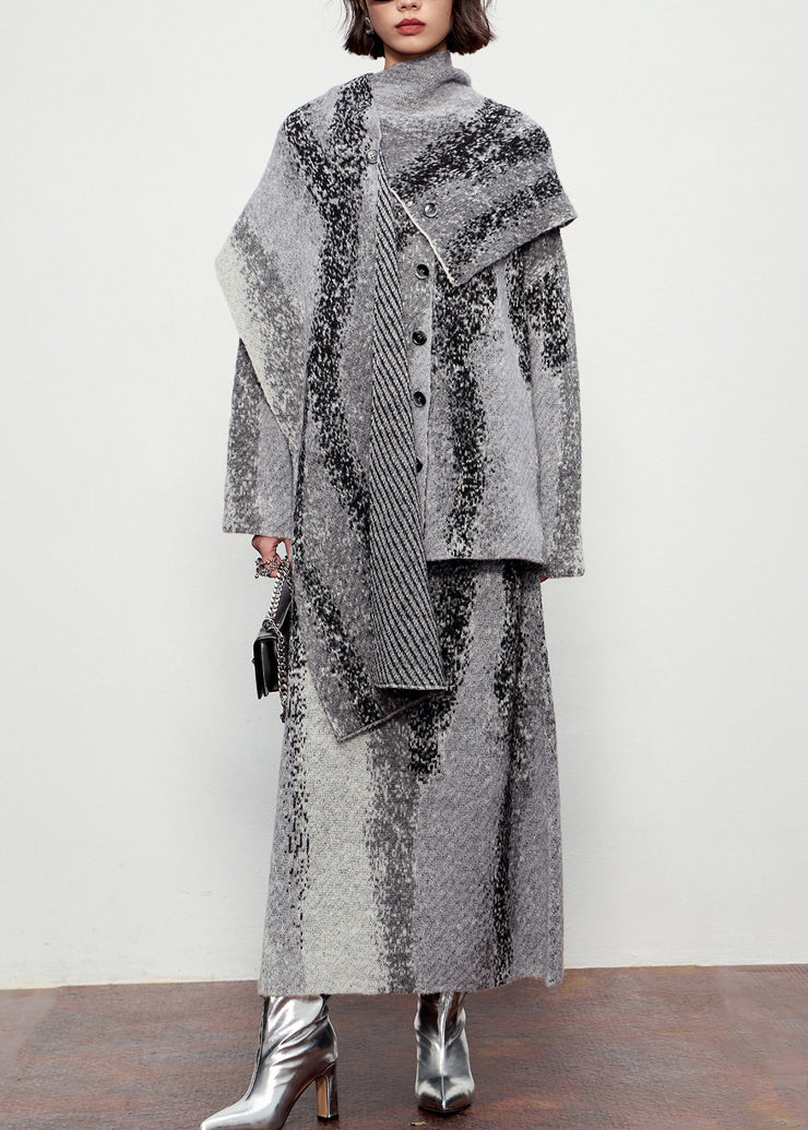 Natural Grey Button Cotton Knit Scarf,Cardigans And Maxi SkirtsThree Pieces Set Winter