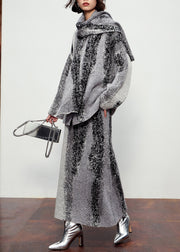 Natural Grey Button Cotton Knit Scarf,Cardigans And Maxi SkirtsThree Pieces Set Winter