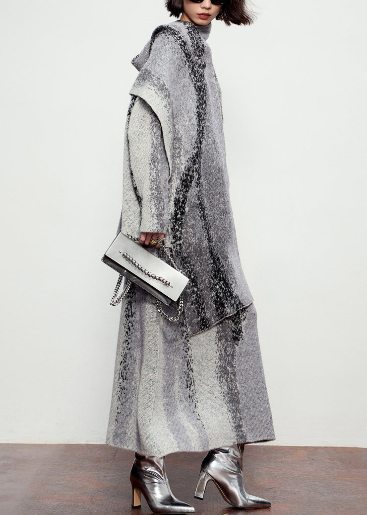 Natural Grey Button Cotton Knit Scarf,Cardigans And Maxi SkirtsThree Pieces Set Winter