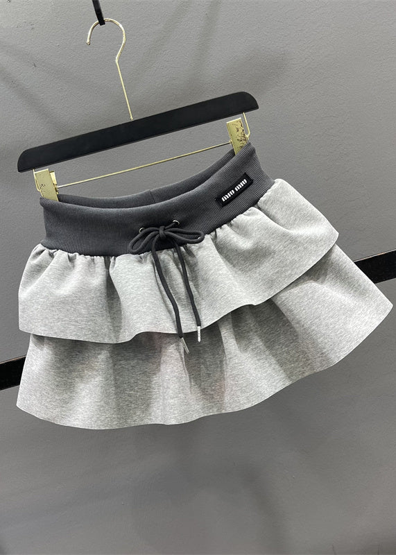 Natural Grey Elastic Waist Drawstring A Line Skirts