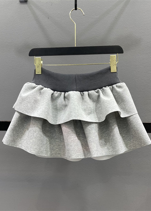 Natural Grey Elastic Waist Drawstring A Line Skirts