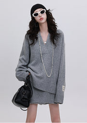Natural Grey Oversized Warm Knit Sweater And Skirt Two-Piece Set Winter
