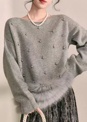 Natural Grey Patchwork Nail Bead Fuzzy Fur Fluffy Cotton Knit Sweater Fall
