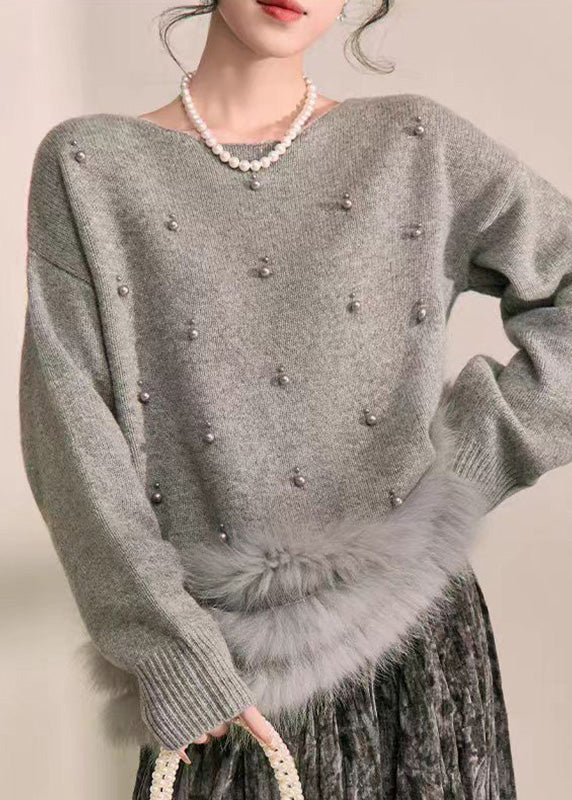 Natural Grey Patchwork Nail Bead Fuzzy Fur Fluffy Cotton Knit Sweater Fall