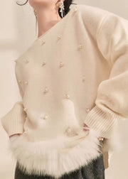 Natural Grey Patchwork Nail Bead Fuzzy Fur Fluffy Cotton Knit Sweater Fall