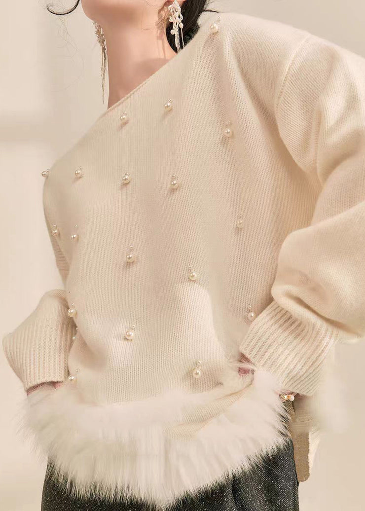 Natural Grey Patchwork Nail Bead Fuzzy Fur Fluffy Cotton Knit Sweater Fall