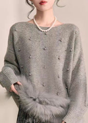 Natural Grey Patchwork Nail Bead Fuzzy Fur Fluffy Cotton Knit Sweater Fall