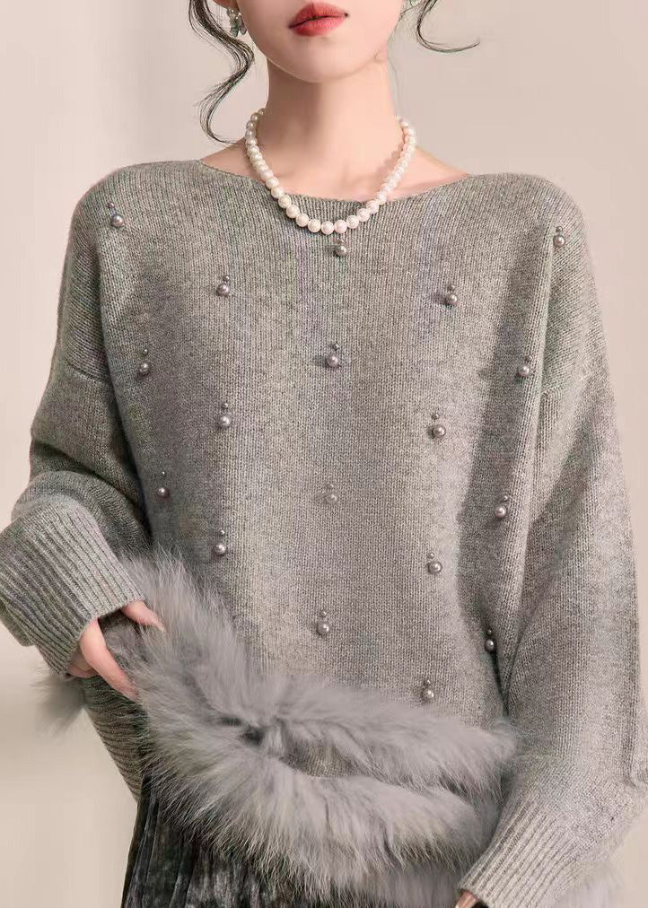 Natural Grey Patchwork Nail Bead Fuzzy Fur Fluffy Cotton Knit Sweater Fall
