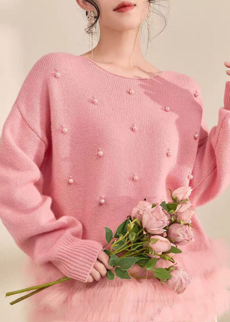 Natural Grey Patchwork Nail Bead Fuzzy Fur Fluffy Cotton Knit Sweater Fall