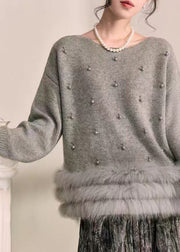 Natural Grey Patchwork Nail Bead Fuzzy Fur Fluffy Cotton Knit Sweater Fall
