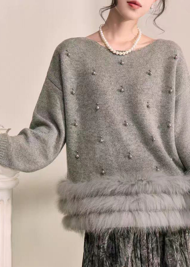 Natural Grey Patchwork Nail Bead Fuzzy Fur Fluffy Cotton Knit Sweater Fall