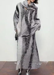 Natural Grey Print Wool Cardigan ,Scarf And Maxi Skirts Three Piece Set Fall