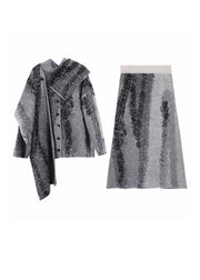 Natural Grey Print Wool Cardigan ,Scarf And Maxi Skirts Three Piece Set Fall