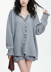 Natural Grey Ruffled Patchwork Cotton Knit Cardigans And Skirts Two Piece Set Lantern Sleeve