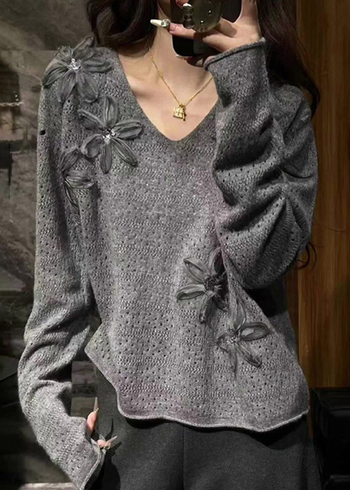 Natural Grey V Neck Floral Cozy Cotton Knit Sweater Fall