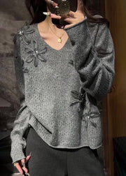 Natural Grey V Neck Floral Cozy Cotton Knit Sweater Fall