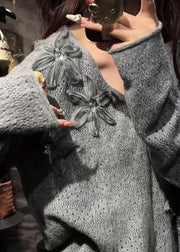Natural Grey V Neck Floral Cozy Cotton Knit Sweater Fall