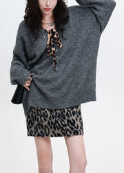 Natural Grey V Neck Oversized Knit Sweaters Winter