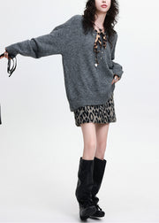 Natural Grey V Neck Oversized Knit Sweaters Winter