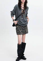 Natural Grey V Neck Oversized Knit Sweaters Winter