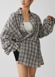 Natural Khaki Oversized Plaid Cotton Top Fall