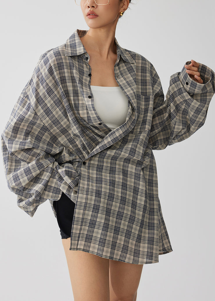 Natural Khaki Oversized Plaid Cotton Top Fall