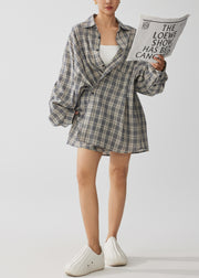 Natural Khaki Oversized Plaid Cotton Top Fall