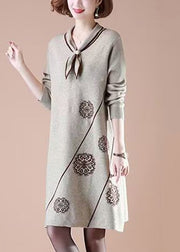 Natural Khaki Peter Pan Collar Cotton Knit Long weater Dress Fall