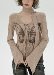 Natural Khaki Side Open Butterfly Print Cotton Shirt Flare Sleeve