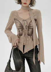 Natural Khaki Side Open Butterfly Print Cotton Shirt Flare Sleeve