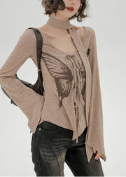 Natural Khaki Side Open Butterfly Print Cotton Shirt Flare Sleeve