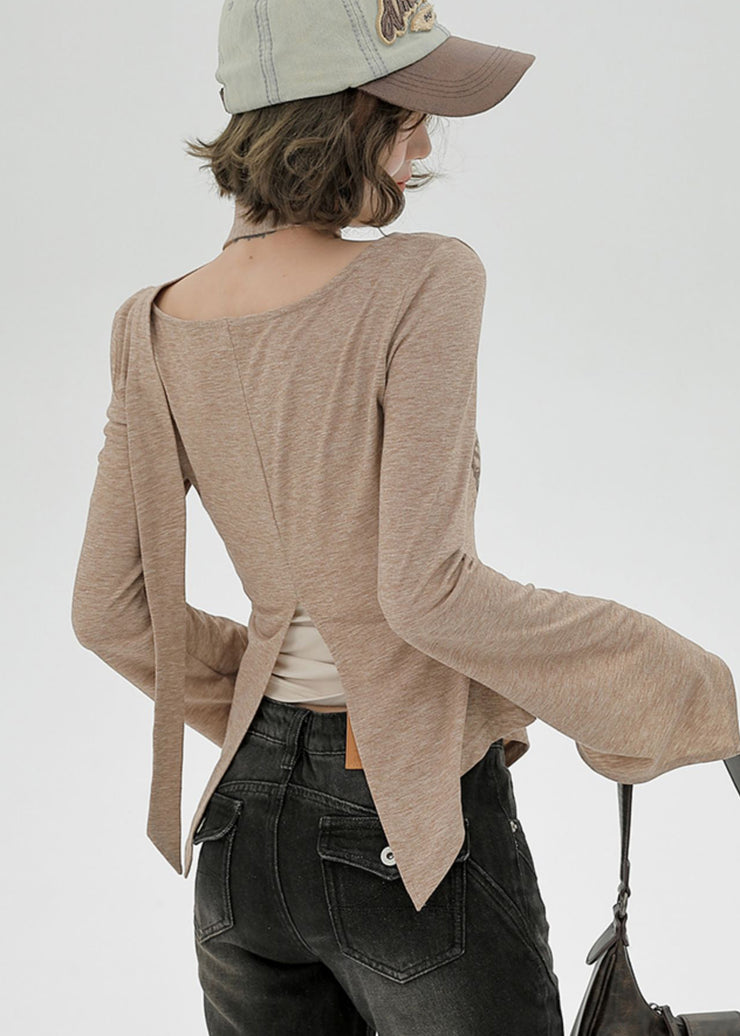 Natural Khaki Side Open Butterfly Print Cotton Shirt Flare Sleeve