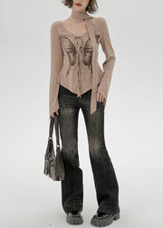 Natural Khaki Side Open Butterfly Print Cotton Shirt Flare Sleeve