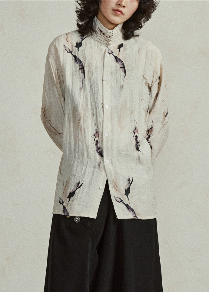Natural Khaki Stand Collar Button T Shirts Lantern Sleeve