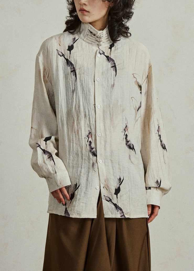 Natural Khaki Stand Collar Button T Shirts Lantern Sleeve