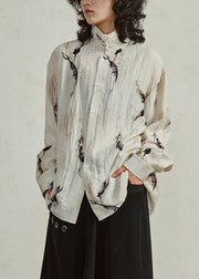 Natural Khaki Stand Collar Button T Shirts Lantern Sleeve